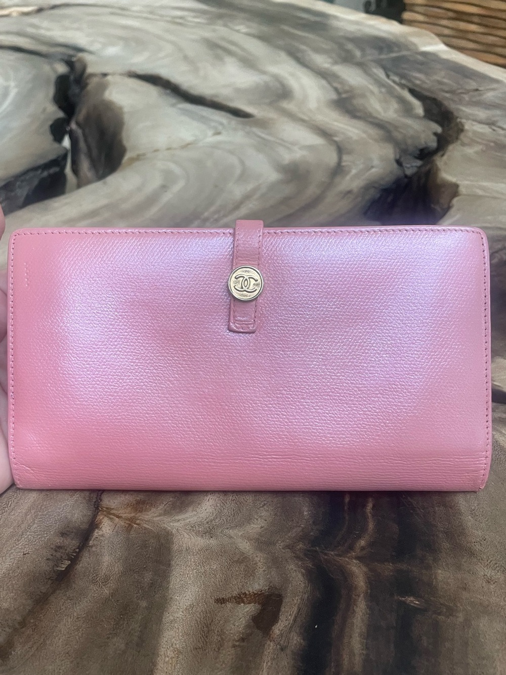 Chanel continental iridescent pink gold long wallet.